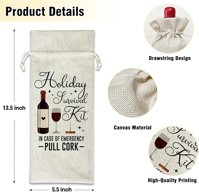 Wine Canvas Bag, Funny Wine Gift Bag, Birthday Gifts for Women Men Mom Coworker Friends Wife Wine Lover Gifts, Wine Bags for Wine Bottles, Wine Gifts With Drawstring Holiday Party Decoration -WB26