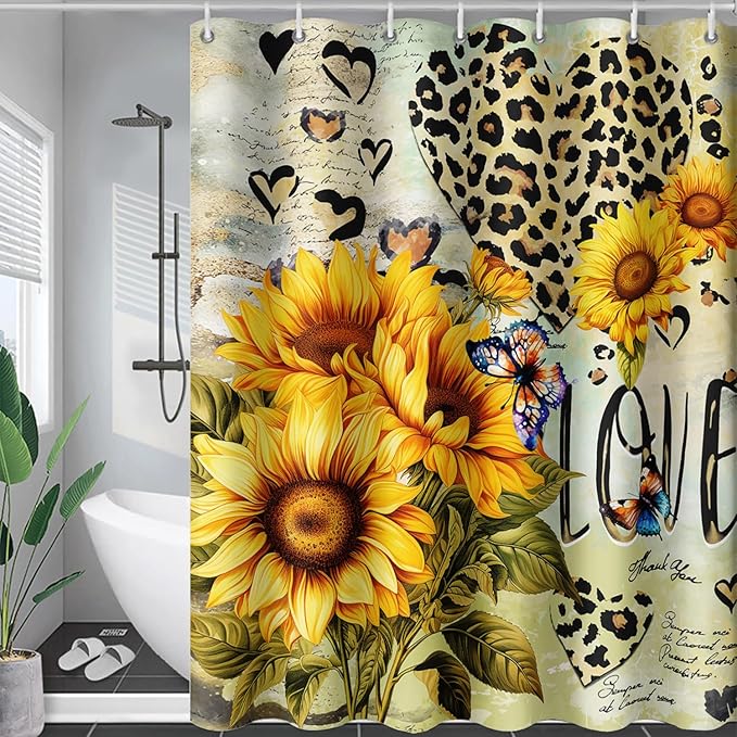 AILONEN Sunflower Waterproof Shower Curtain,Yellow Sunflower Bath Curtain for Girls Women,Romantic Hearts Butterfly Flower Bathroom Curtain with 12 Plastic Hooks, 48" W x 72" H