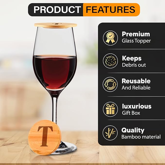 Personalized Wine Glass Charcuterie Topper - Custom Laser Engraved Initial Bamboo Wine Glass Topper Stopper Coasters Plate ID Identification Wine Glass Charcuterie Board Topper (Letter T)