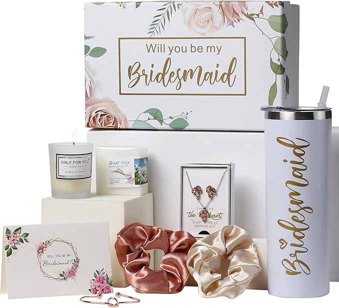 Bridesmaid Proposal Gifts Set-Will You be My Bridesmaid Gift Box, Wedding Engagement Gifts,Bachelorette Party Bridal Showers gifts,Bridesmaids Jewelry sets Bridesmaids Spa Gifts (White)