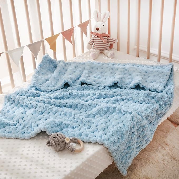 HOMRITAR Baby Blanket for Boys or Girls 3D Jacquard Fluffy Fuzzy Blanket for Infant, Soft Warm Cozy Flannel Fleece Warm Blanket Nursery, Stroller Toddler Bedding (30 x 40 Inch, Blue)
