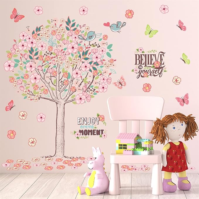 Large Pink Flowers Tree Wall Decals Spring Tree Wall Stickers Baby Girls Room Decor Believe Inspirational Quotes Wall Decals Peel and Stick Cherry Blossom Decals for Bedroom Nursery Living Room Decor