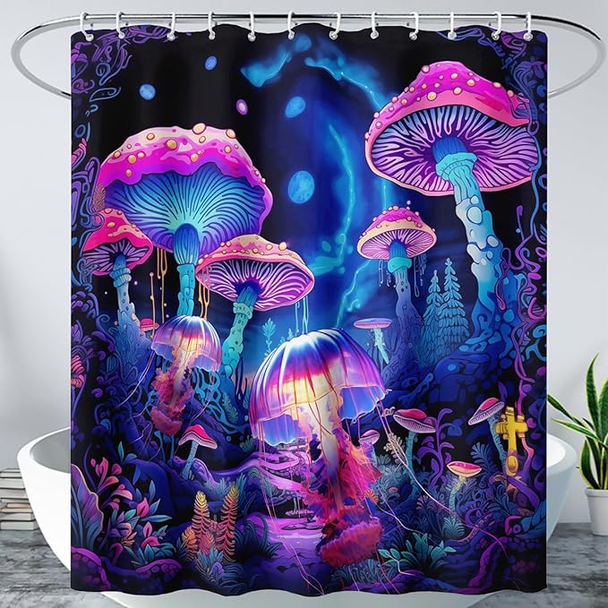 AILONEN Magic Mushroom Shower Curtain,Cartoon Jellyfish Shower Curtain Set for Bathroom,Natural Fungal Bathroom Curtain for Kids Girl,Boho Style Waterproof Fabric Bath Curtain with Hooks, 72" W*72" H