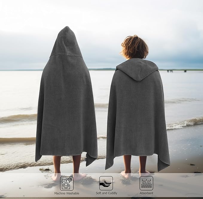 Hooded Bath Towel Wrap - Super Zero Twist 100% Cotton Large Oversized Hooded Kids Towel - Toddler Shower Pool Beach Towel - Super Soft Absorbent Quick Dry Easy Care Gift - 30 x 54 - Grey