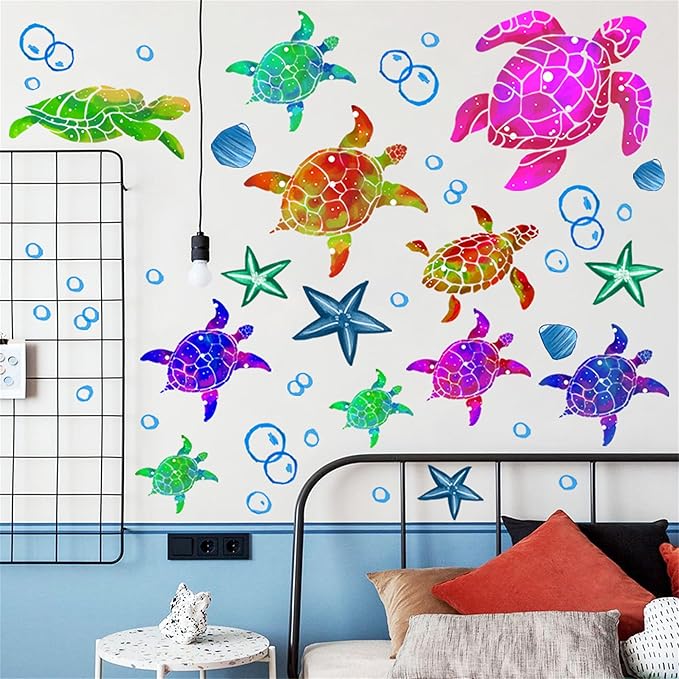 Waterproof Removable Watercolor Turtles Vinyl Wall Decal for Nursery Kidsroom School Classroom Livingroom Bedroom Bathroom Sea Life Sticker in Coastal Ocean Theme