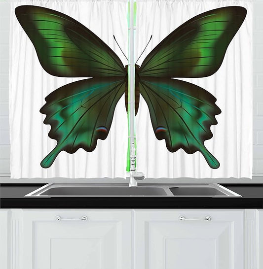 Ambesonne Swallowtail Butterfly Kitchen Curtains, Realistic Exotic Wildlife Creature in Green Tones, Window Drapes 2 Panel Set for Kitchen Cafe Decor, 55" x 36", Olive Green
