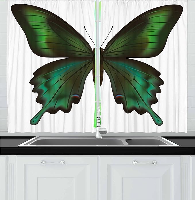 Ambesonne Swallowtail Butterfly Kitchen Curtains, Realistic Exotic Wildlife Creature in Green Tones, Window Drapes 2 Panel Set for Kitchen Cafe Decor, 55" x 24", Olive Green
