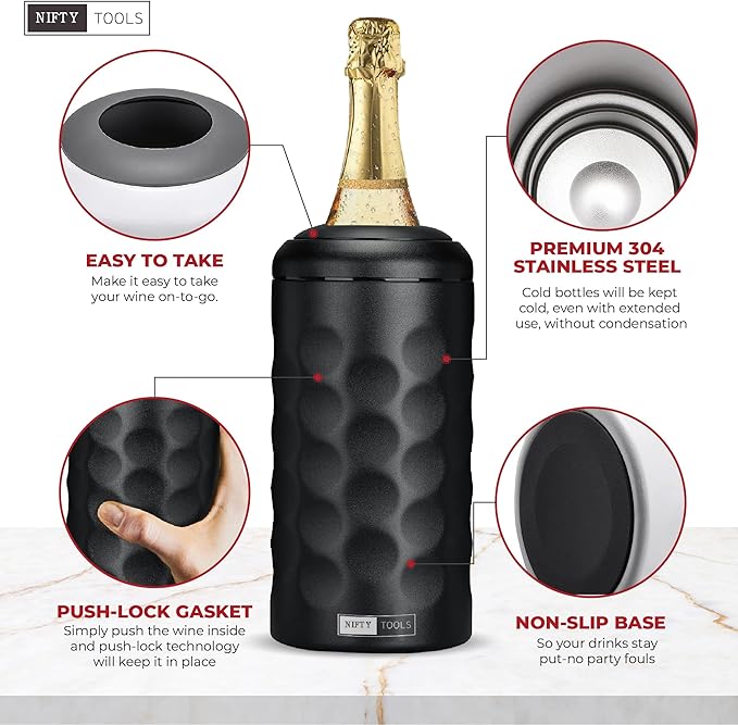 Portable Double Wall Insulated Vacuum Stainless Steel Wine Champagne Bottle Chiller gift set w/two tumblers (Black)