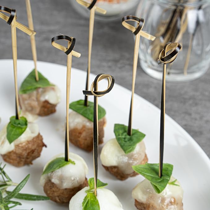 Restaurantware 6 Inch Twisted Bamboo Skewers 1000 Sturdy Disposable Bamboo Food Picks - Sturdy Looped Knot Black Bamboo Appetizer Picks Sustainable For Serving Appetizers and Cocktail Garnishes