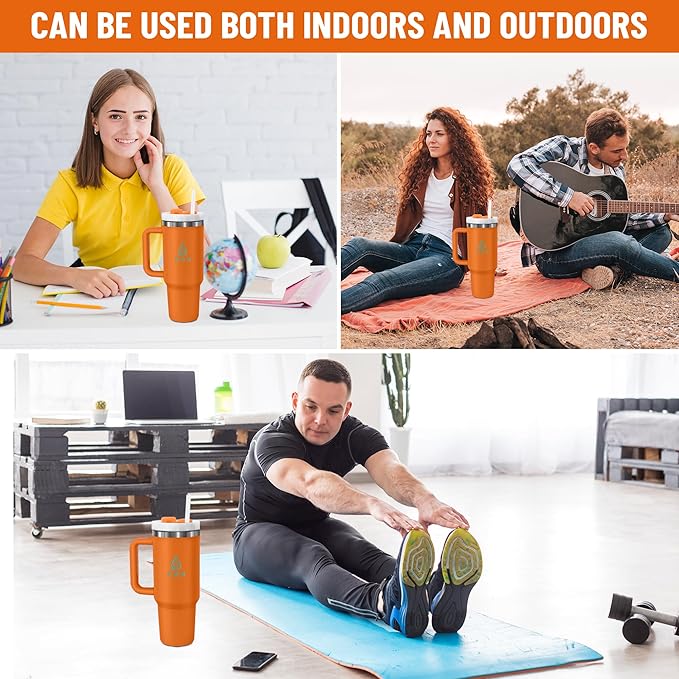 40oz stainless Steel Insulated Tumbler with Handle, lid and straw for cold water, Iced tea, or coffee - 100% Leak-Proof - Cupholder Friendly Travel Mug- Gifts for Women Men Him Her (Orange)