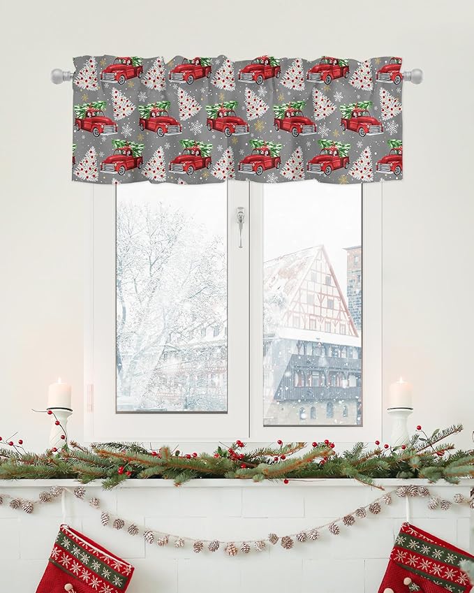 Red Truck Christmas Valance Curtains for Kitchen Windows Merry Christmas Tree Rod Pocket Window Treatment Toppers for Kitchen/Living Room/Bedroom/Bathroom, 54" X 18", Winter Snowflake Grey
