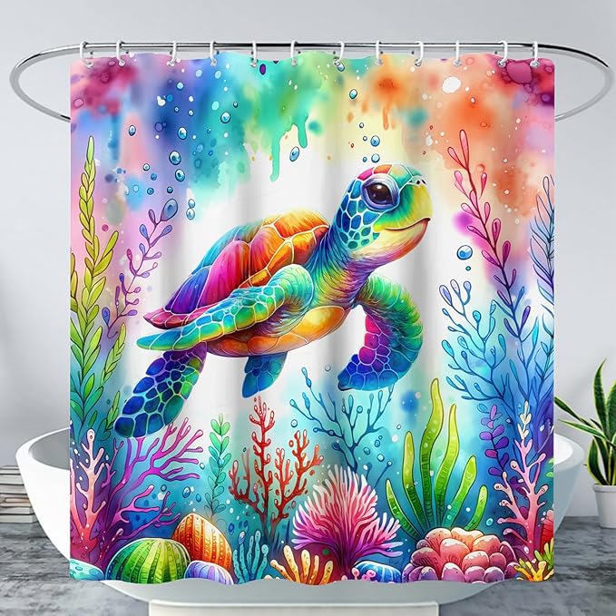 AILONEN Colorful Sea Turtle Shower Curtain, Cartoon Ocean Theme World Cloth Bath Curtain for Bathroom,Watercolor Underwater Waterproof Fabric Shower Curtain Set with Hooks,72" Wx78 H