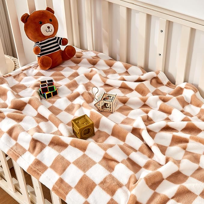 Checkered Baby Blanket Fleece Baby Blankets Neutral for Boys Girls, Super Soft Warm Lightweight Infant Toddler Newborn Receiving Blankets for Crib Stroller, 30''x40'', Khaki