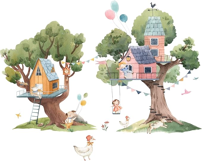 2 PCS Cartoon Tree Wall Stickers House Wall Decals DIY Removable 3D Forest Wall Stickers for Kids Girls Boys Bedroom Nursery Classroom Bathroom Kitchen Playroom Living Room Home Decoration (B)