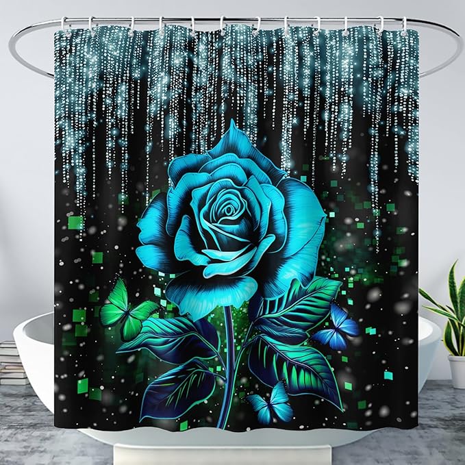 AILONEN Blue Rose Shower Curtain for Bathroom, Glitter Starry Flower Print Bath Curtain,Blue and Black Waterproof Floral Butterfly Shower Curtain Decoration with 12 Plastic Hooks, 72" W*96" H