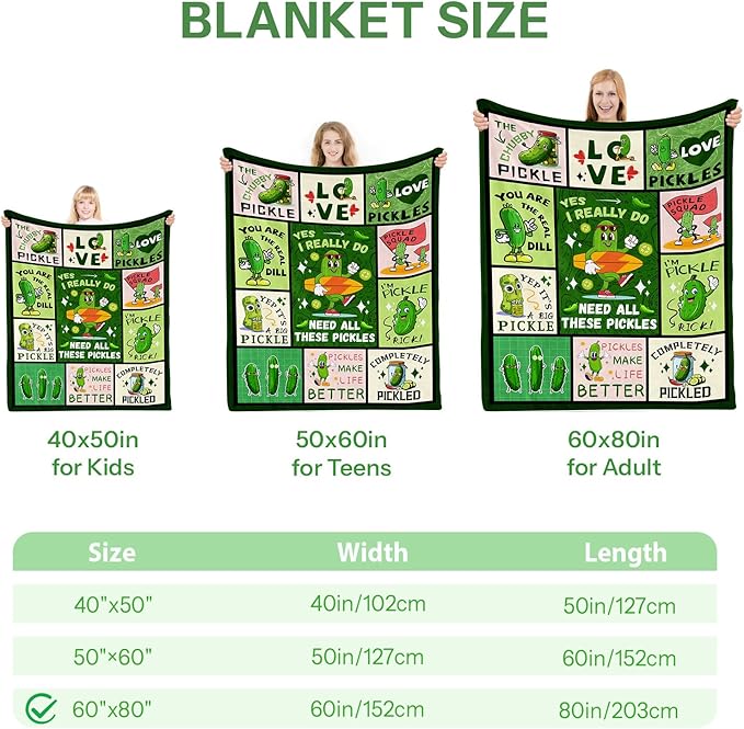 Pickle Blanket for Pickle Lovers, Pickle Gifts for Pickle Lovers, Pickle Themed Gifts, Pickle Lover Gifts, Funny Pickle Gifts Blanket on Birthday Christmas 60x80 in