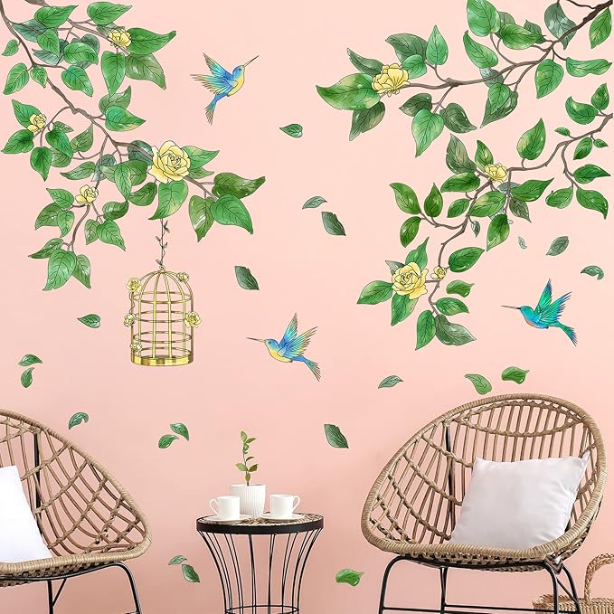 Amaonm Removable PVC Two Tree Branches With Green Leaves wall Sticker DIY Peel and Stick Flower and Birds Wall Decals Decor for Kids Girls Boys Bedroom Living Room Nursery Classroom Playroom Wall Background Decoration