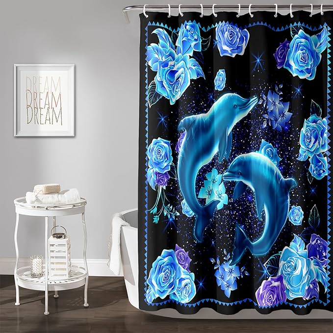 AILONEN Catrtoon Dolphin Shower Curtain Bathroom 48" W*72" H Blue Dolphin Curtain Cloth Fabric Bathroom for Kids Girls,3D Blue Rose with Jumping Dolphins Shower Curtain Set