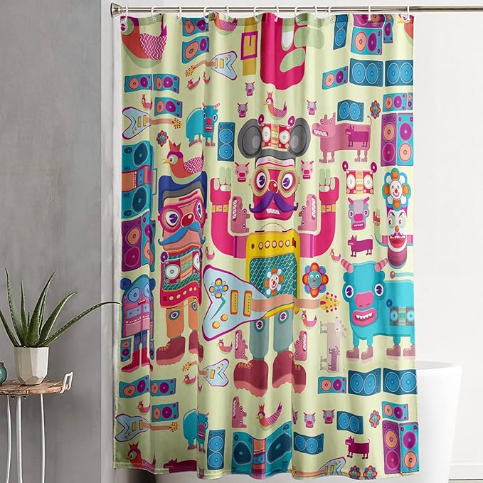AILONEN Cartoon Robot Shower Curtain Sets,Beautiful Music Guitar Robots Theme Bathroom Decors, 72" W*72" H Cute Shower Curtain for Boys Girls Teens Kids
