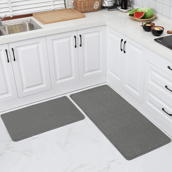 COSY HOMEER 20x30 Inch/20X48 Inch Kitchen Rug Mats Made of 100% Polypropylene Strip TPR Backing 2 Pieces Soft Kitchen Mat Specialized in Anti Slippery and Machine Washable,Grey