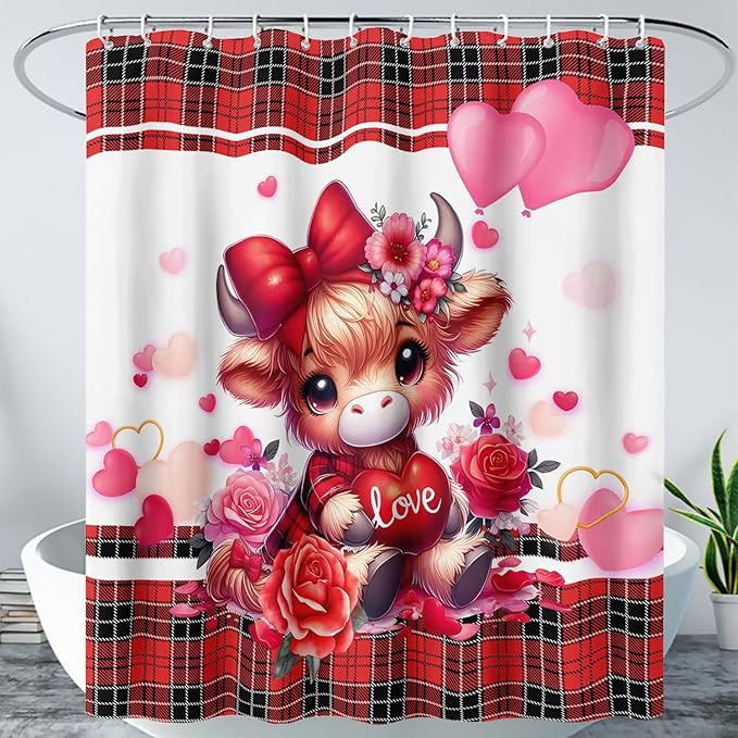 AILONEN Cartoon Yak Shower Curtain Set, Lovely Red Rose Cow Polyester Waterproof Shower Curtain for Bathroom,Love Scottish Tartan Theme Cloth Bath Curtain Set with Hooks,60" Wx72 H