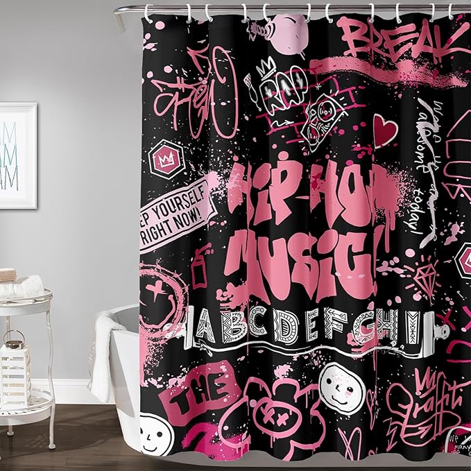 AILONEN Black Pink Graffiti Shower Curtains for Teens Girls,Hip-Hop Music Bath Shower for Bathroom,Polyester Waterproof with 12 Hooks,60" W*72" H Black Pink
