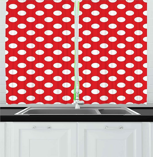 Ambesonne Retro Kitchen Curtains, 50s 60s Iconic Pop Art Style Big White Polka Dots Picnic Vintage Old Theme Image, Window Drapes 2 Panel Set for Kitchen Cafe Decor, 55" x 36", Vermilion White