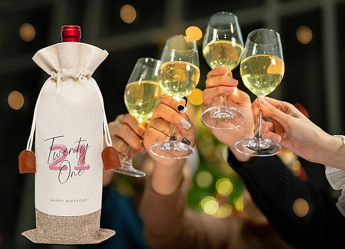 21th Birthday Wine Bag, Cotton Linen Wine Gift Bag With Drawstring, Wine Champagne Bottle Gift Bag, 21st Birthday Gifts Wine Bag for Woman Her Girl Friend Sister, 21th Birthday Party Favors-14
