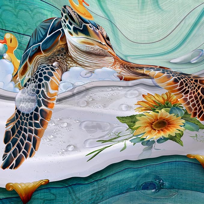 AILONEN Cute Sea Turtle Shower Curtain Set for Bathroom,Cartoon Funny Bathtub Turtle Bath Curtain,Sunflower Theme Waterproof Fabric Shower Curtain with Hooks,72" W*84" H