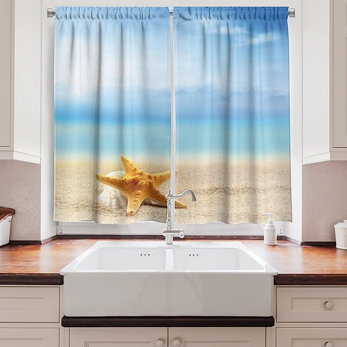 Ambesonne Starfish Kitchen Curtains, Scallop Seashell and Starfish Close up Sandy Beach Idyllic Ocean Backdrop Design, Window Drapes 2 Panel Set for Kitchen Cafe Decor, 55" x 39", Earth Yellow