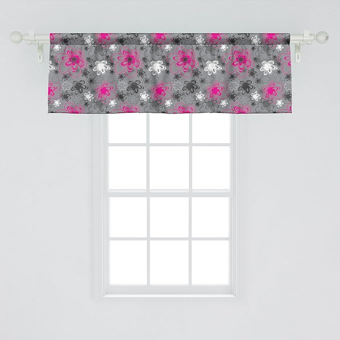Ambesonne Vintage Floral Window Valance, Vibrant Colored Free Hand Drawing Style Blossoms Antique Retro, Curtain Valance for Kitchen Bedroom Decor with Rod Pocket, 42" x 18", Hot Pink Black Grey