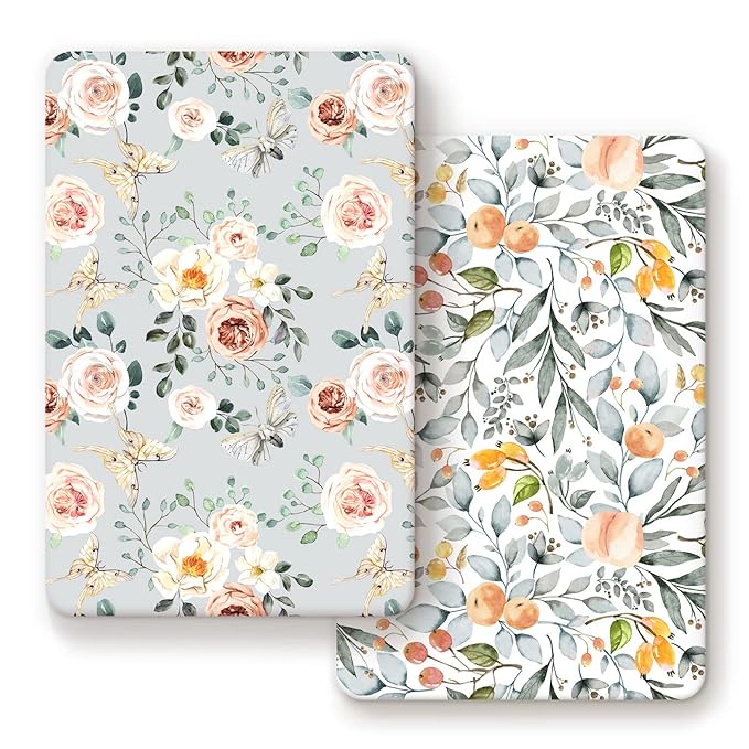 GRSSDER Stretchy Ultra Soft Jersey Knit Fitted Pack n Play Sheets Set 2 Pack, Portable/Mini Crib Sheets for Girls, Watercolor Flowers and Fruits