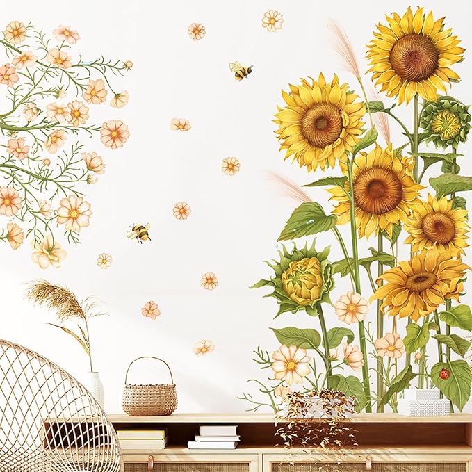 Large Sunflower Wall Decals Garden Flowers Butterfly Wall Stickers Green Leaves Floral Wall Art for Bedroom Bathoom Kids Wall Decor