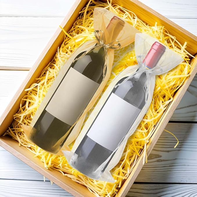 Megitzuu 20 Pieces Organza Wine Bags, 14.6 x 5.5 Inch Wine Gift Bag with Drawstring Sheer Mesh Wine Gift Pouches Bottle Covers for Halloween Christmas Wedding Party Favors (Gold+White)