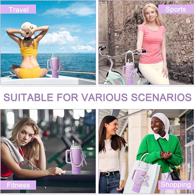 BELSITA Stanley Cup Accessories Set, Bow Pearl Chain Braided Design Water Bottle Handle Strap, Silicone Stanley Cup Boot, Stanley Charms for Stanley Cup 30/40oz Tumble (Purple)