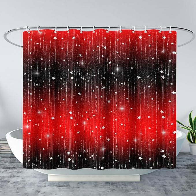 AILONEN White Star Shower Curtain,Starry Sky Waterproof Fabric Shower Curtain Sets for Girls Kids Teens, 72" W*96" H Black and Red Theme Shower Curtain