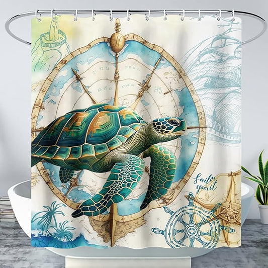 AILONEN 3D Sea Turtle Shower Curtain,Green Sea Turtle Shower Curtain for Bathroom,Nautical Anchor Waterproof Fabric Shower Curtain Set with Hooks,72" W*84" H