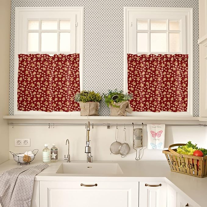 Christmas Valance Kitchen Curtains Set,Red Merry Christmas Gingerbread Man Cookies Window Treatments Tiers,Winter Holiday Decor Short Window Curtain Panels for Bedroom/ Living Room,54x24 in,3-Piece
