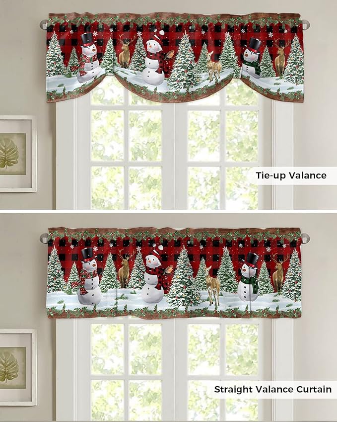 Christmas Snowman Blackout Tie Up Valance Curtains for Kitchen Windows Christmas Tree Window Toppers Balloon Shades for Living Room/Bathroom/Bedroom,1 Panel,54" X 18" Red Xmas Snowy Winter