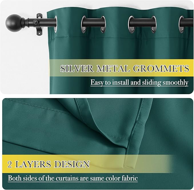 NICETOWN Small 100% Blackout Curtains with Same Color Liners, Thermal Insulated 2-Layer Lined Drapes, Energy Efficiency Window Draperies for Dining Room (Emerald Green, 2 PCs, 52-inch W by 45-inch L)