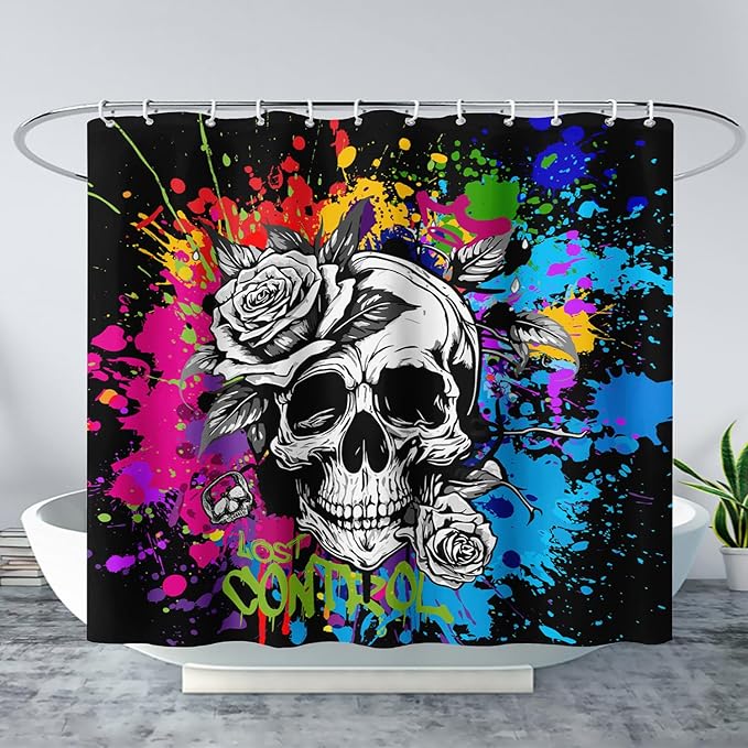AILONEN Rose Skull Shower Curtain for Bathroom,Colorful Graffiti Art Bathroom Curtain for Kids Boys Girls,Bath Curtain 72" W*96" H Polyester Waterproof Bathroom Curtain with 12 Hooks