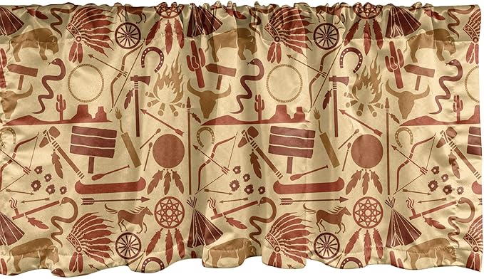 Ambesonne Western Window Valance, Culture Arrow Hatchet Chiefs Hat Snakes Bison Tools, Curtain Valance for Kitchen Bedroom Decor with Rod Pocket, 54" X 18", Orange Redwood