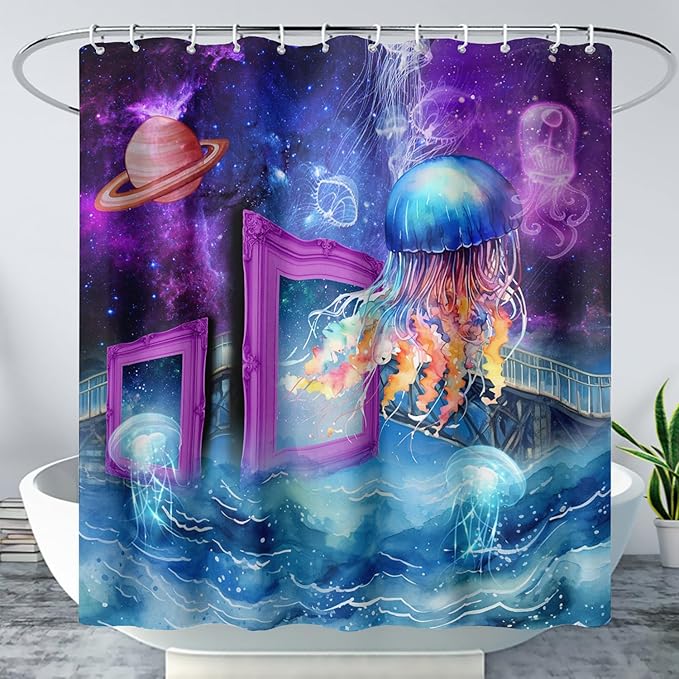 AILONEN Colorful Jellyfish Shower Curtains,Purple Galaxy Bath Curtains,Planet Jellyfish Curtains for Kids Boys Girls,Polyester Waterproof for Bathroom with 12 Hooks,72" W*96" H Purple