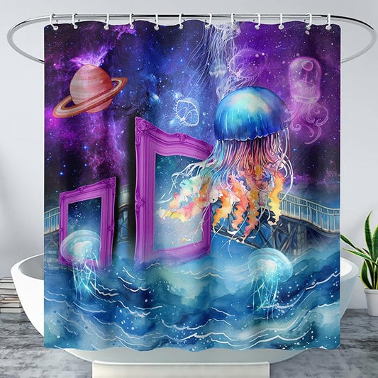 AILONEN Colorful Jellyfish Shower Curtains,Purple Galaxy Bath Curtains,Planet Jellyfish Curtains for Kids Boys Girls,Polyester Waterproof for Bathroom with 12 Hooks,72" W*96" H Purple
