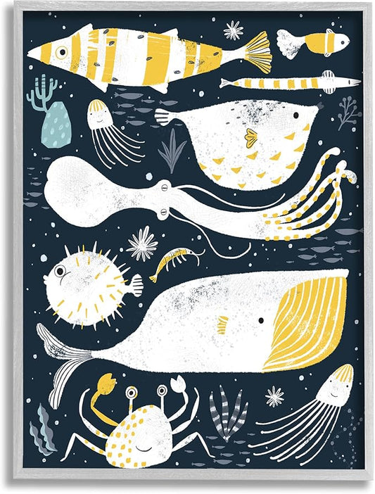 Stupell Industries Aquatic Life Ocean Collage Crab Whale Octopus, Designed by Junco. Studio Gray Framed Wall Art, 24 x 30, Blue