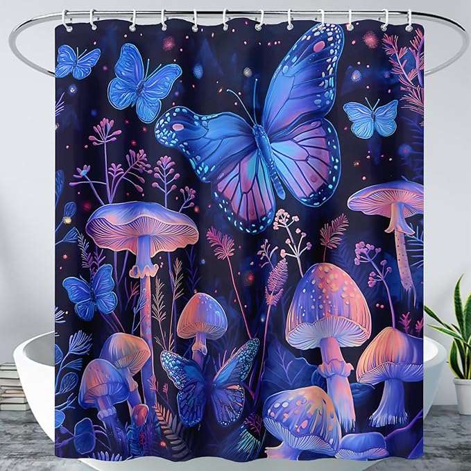 AILONEN Blue Butterfly Shower Curtain,Magic Mushroom Waterproof Fabric Bath Curtain for Kids Girl,Boho Style Shower Curtain Set for Bathroom,Natural Fungal Plant Shower Curtain with Hooks 72" W*78" H