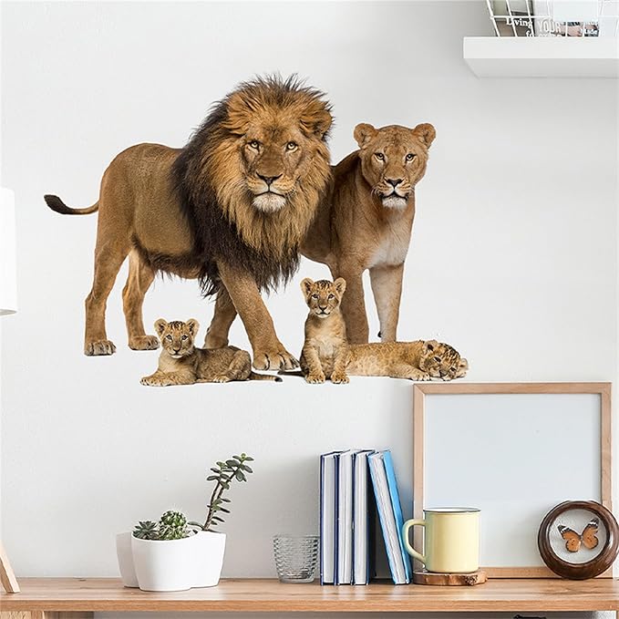 Lion Wall Decals, Vinyl Removable 3D Stickers for Bedroom Nursery Decor - Peel and Stick Cute Baby Girl Boy Toddler Kids Room Art Decoration, Woodland Forest Safari Jungle Mural Waterproof
