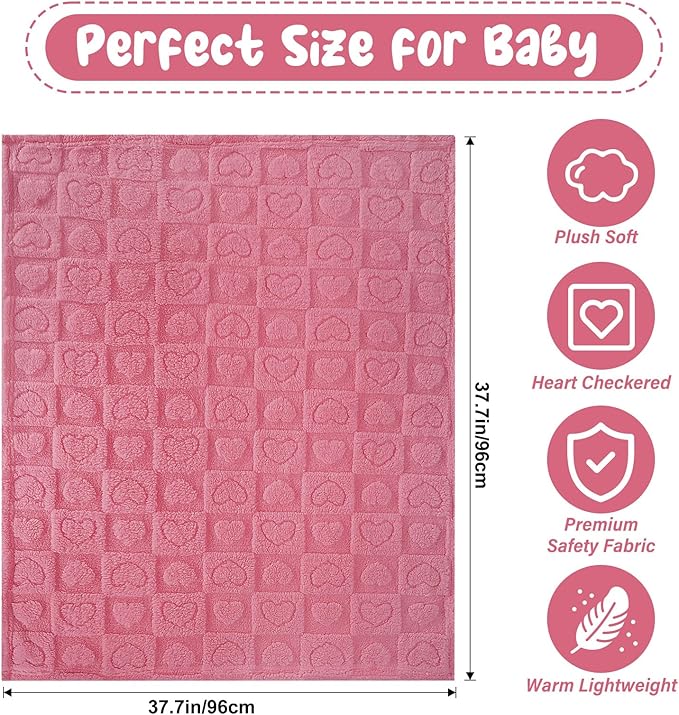 Plush Soft with Heart Checkered Baby Blanket,Fleece Infant Toddler Blankets for Girls Boys,Warm Lightweight Breathable Newborn Receiving Blankets for Crib Stroller 32"×37" (deep Pink, Heart)