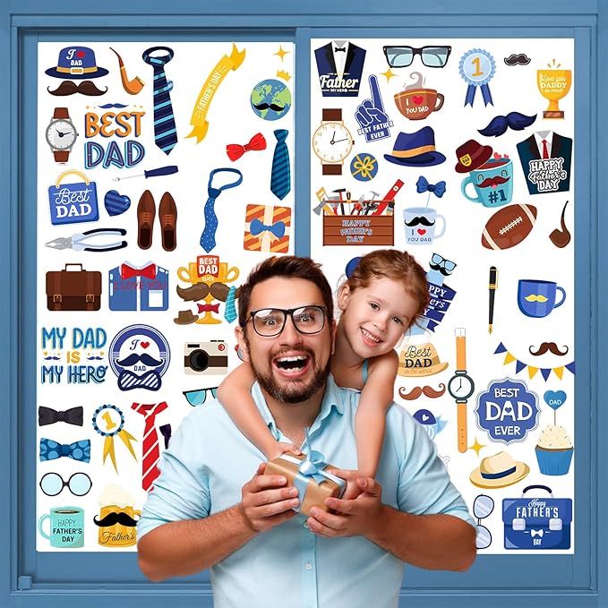 Father Dad Birthday Decoration Window Sticker 8 Sheet 84pcs Door PVC Static Film Sticker, Express Kids Love for Dad Decals Papa Birth Party Decoration for Home Room Car SUV Van Refrigerator