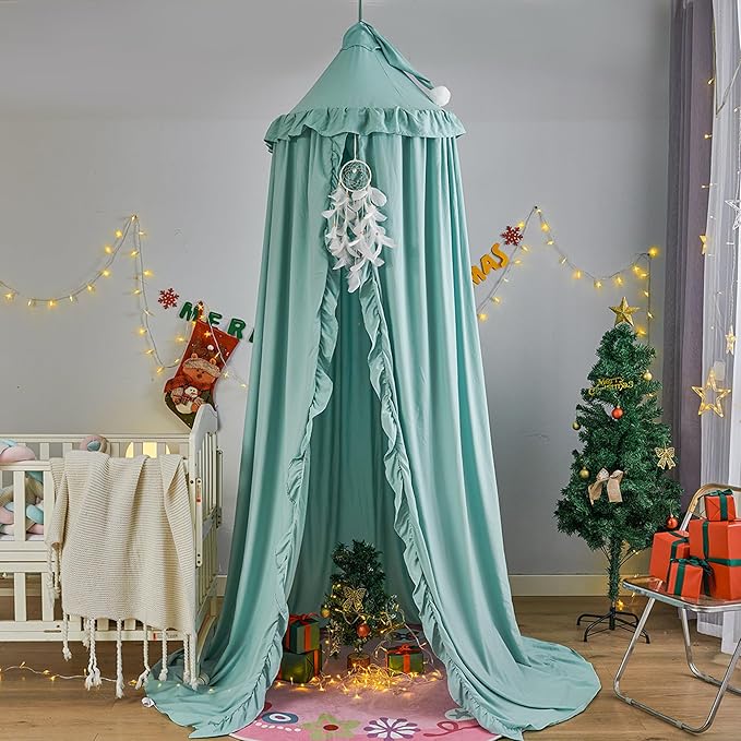 VETHIN Bed Canopy for Girls Kids,Princess Round Dome Children Dreamy Mosquito Net Bedding Girls Room Castle Play Tent Hanging House Decor Reading Nook Canopies (Green)